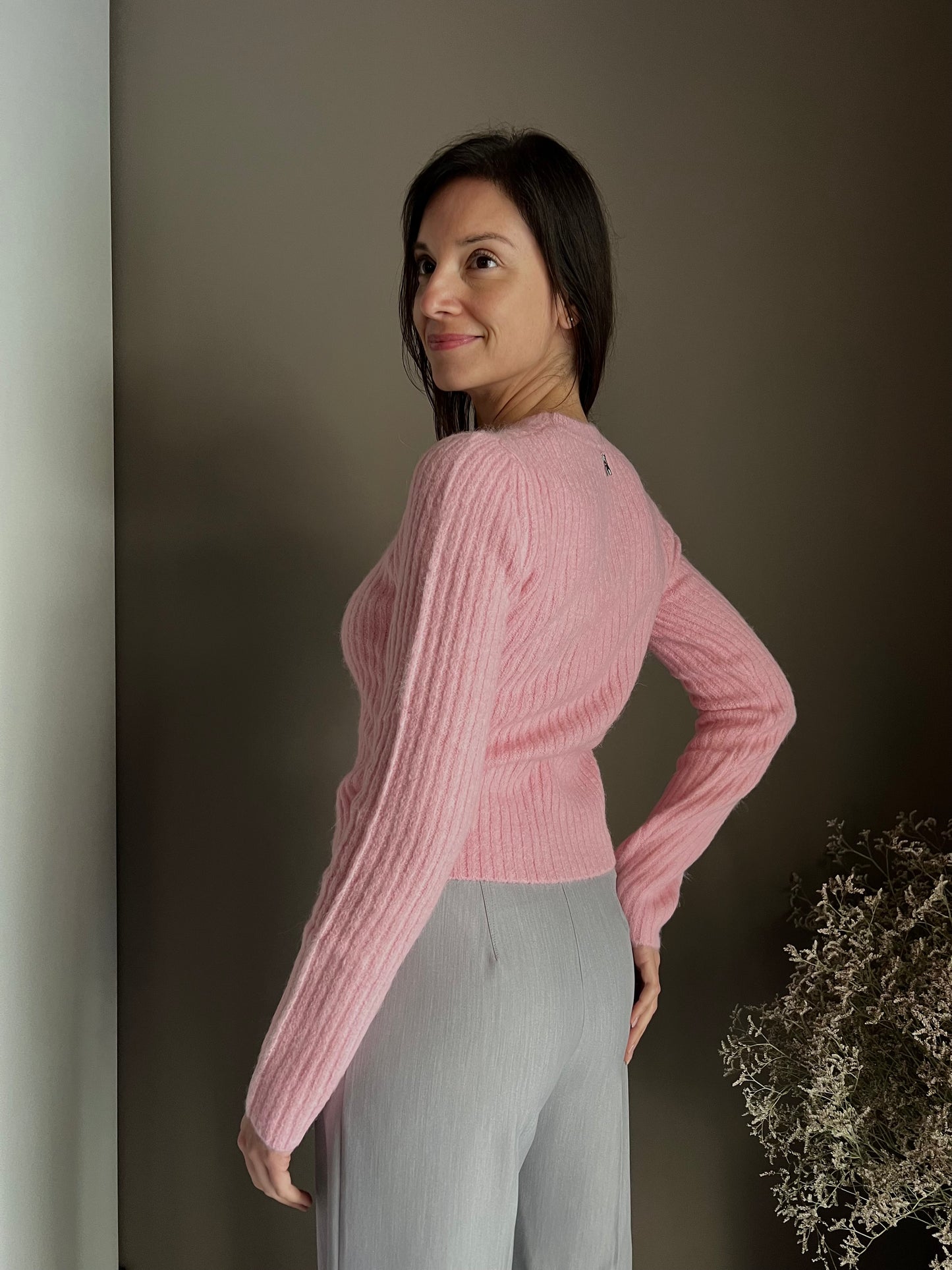 Maglia girocollo slim fit in alpaca Pink