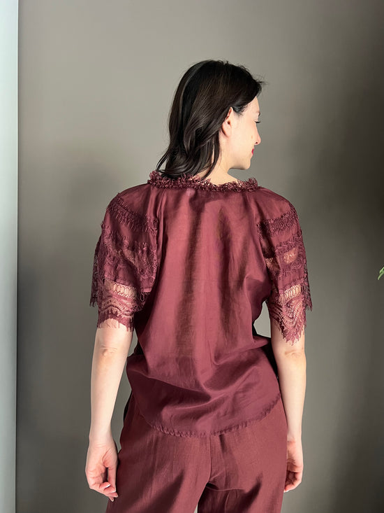 Blusa manica corta con inserti in pizzo