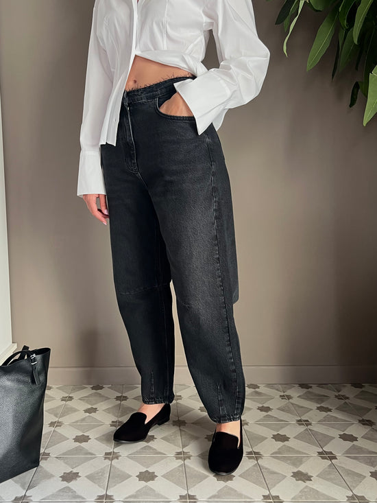 Pantalone denim vita bassa baloon Nero