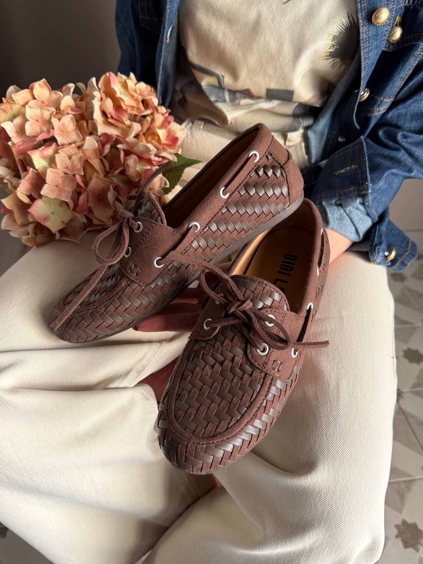 Mocassino in pelle intrecciato e suede