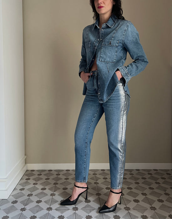 Pantalone denim slim con fascia argento
