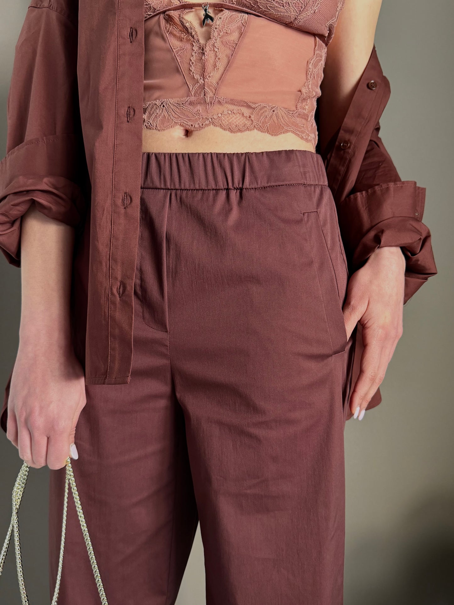 Pantalone in popeline con elastico Brown