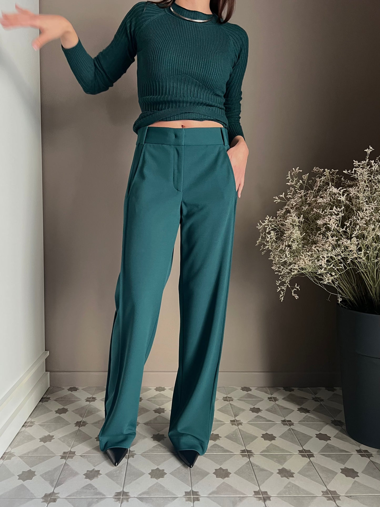 Pantalone a palazzo in crêpe fluid Deep Green
