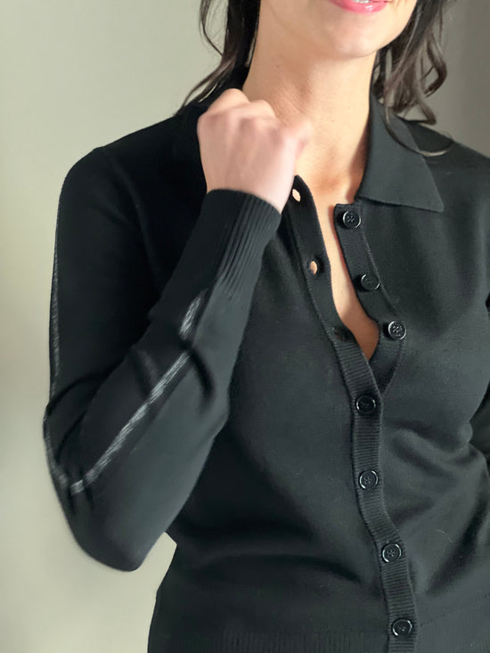 Cardigan in lana  nero con collo a polo