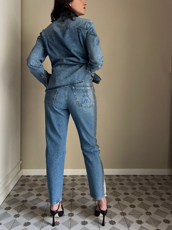 Pantalone denim slim con fascia argento