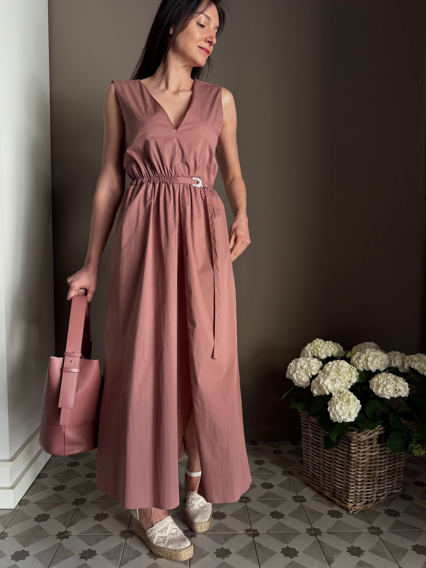 Abito midi in popeline di cotone terracotta