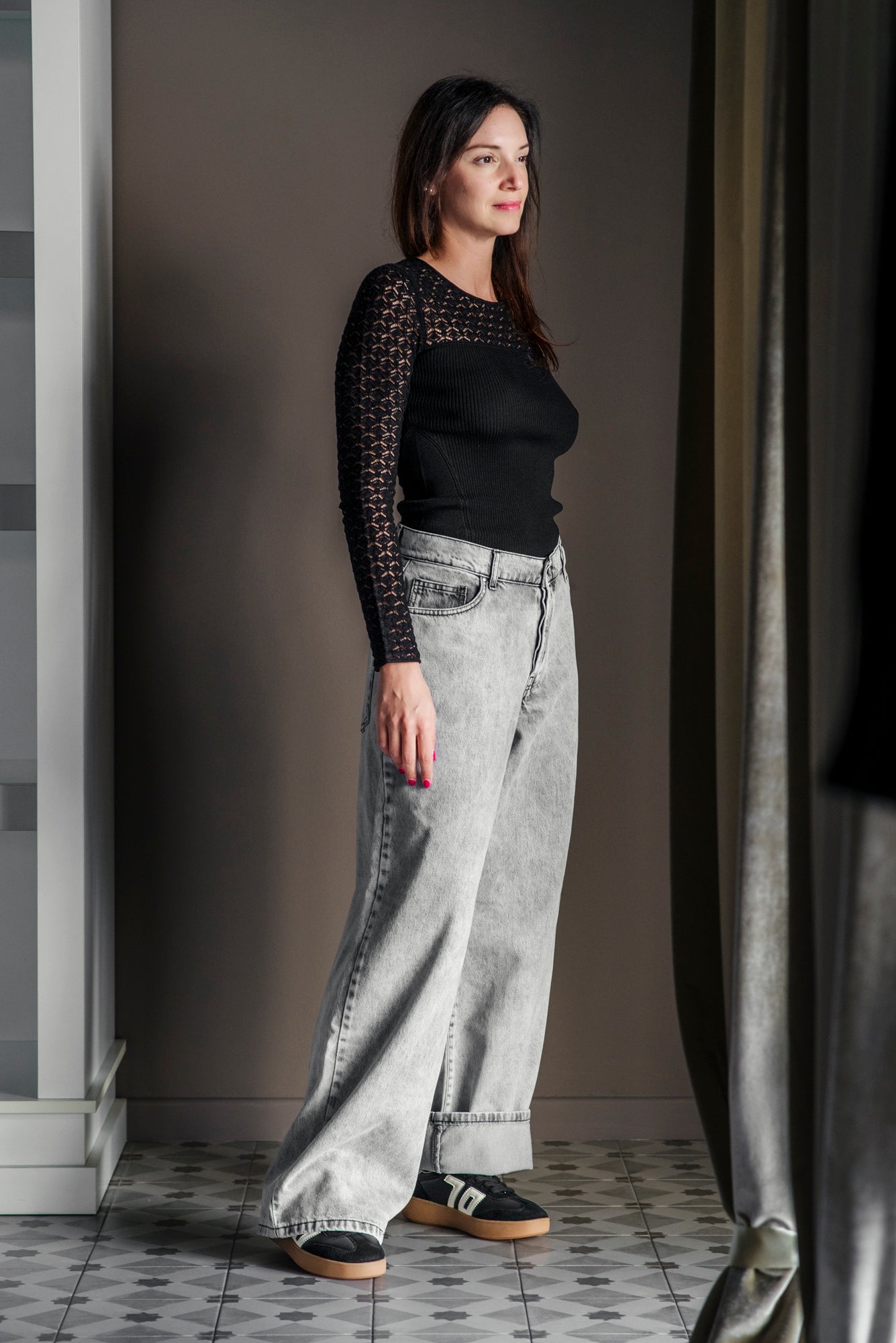 Pantalone denim grigio over