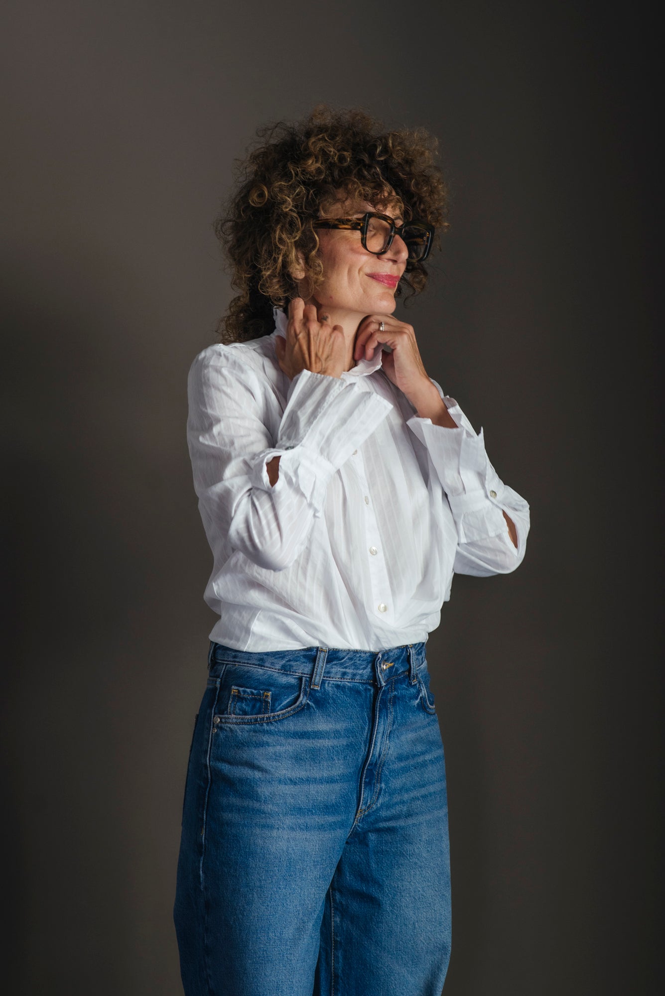 Camicia in cotone svasata con dettagli plisse bianca