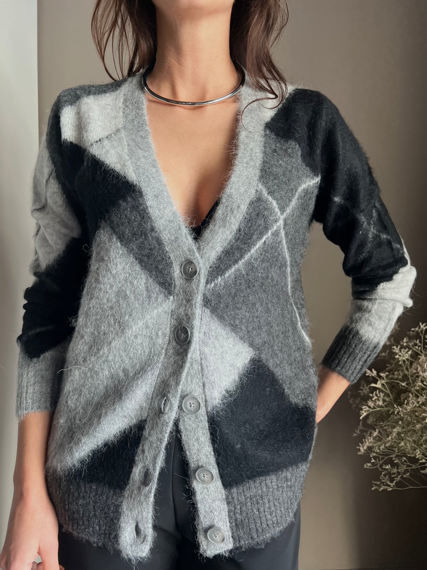 Cardigan losanghe in misto lana e Alpaca