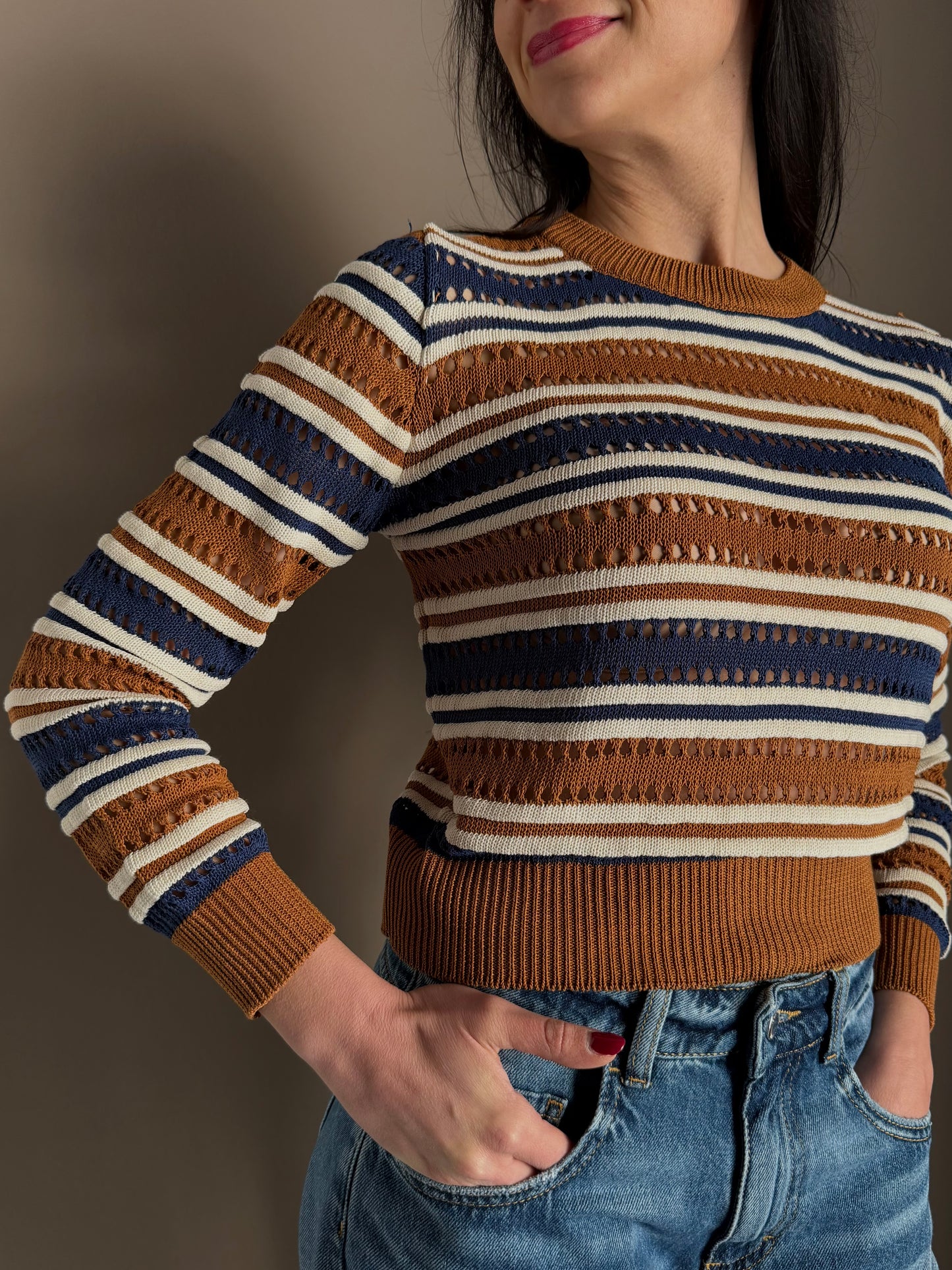 Maglia girocollo a righe misti cotone