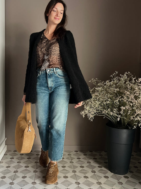 Cardigan nero in misto alpaca e lana