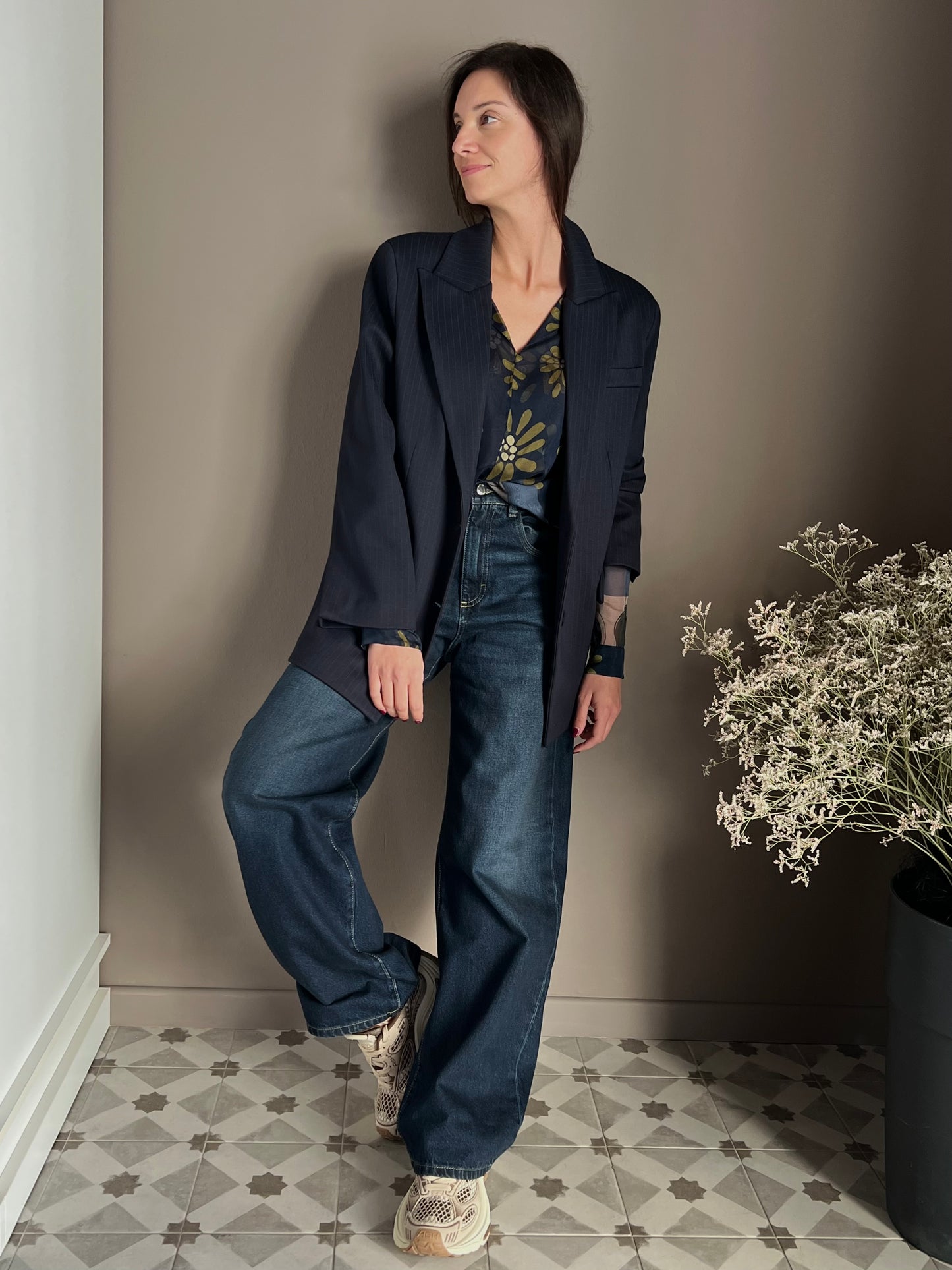 Giacca gessata over in punto stoffa navy