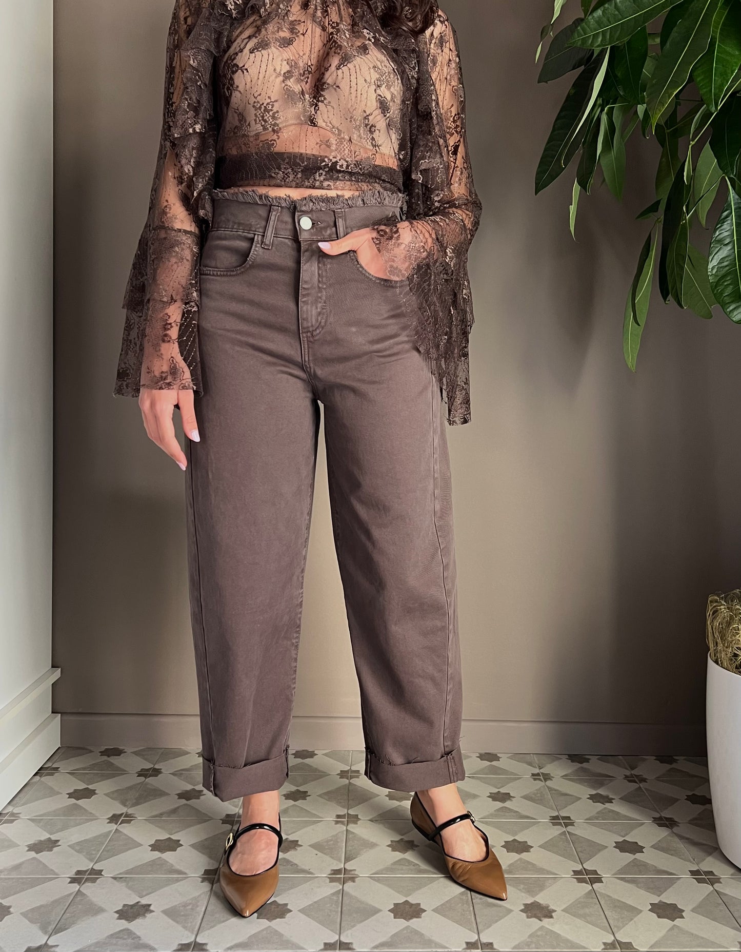 Pantalone denim vita alta forma a caramella