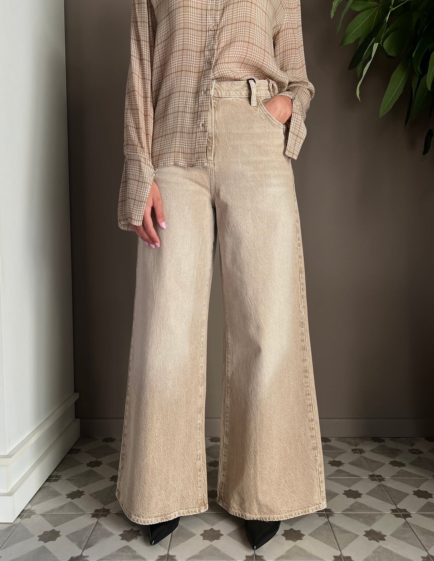 Pantalone Denim a gamba larga beige