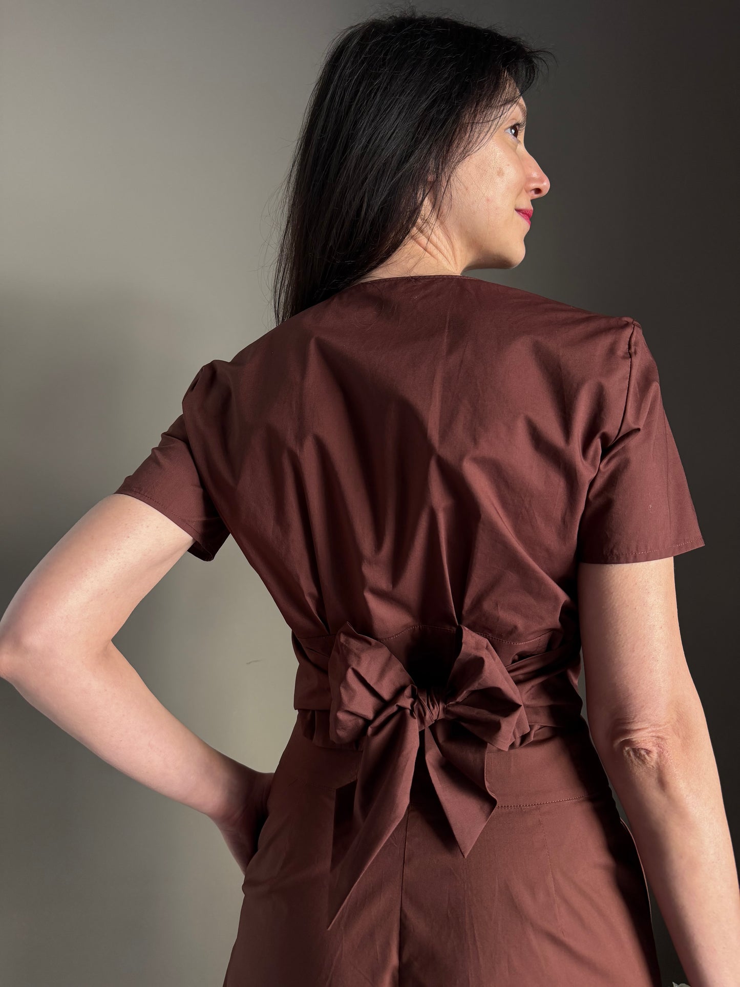 Top Cropped in Popeline di Cotone Brown
