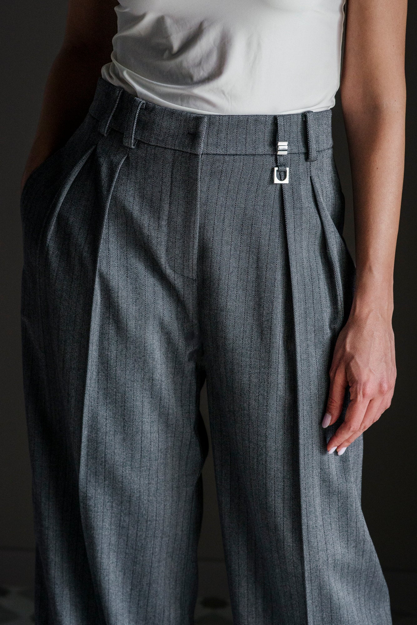 Pantalone gessato wide-leg grigio/marrone