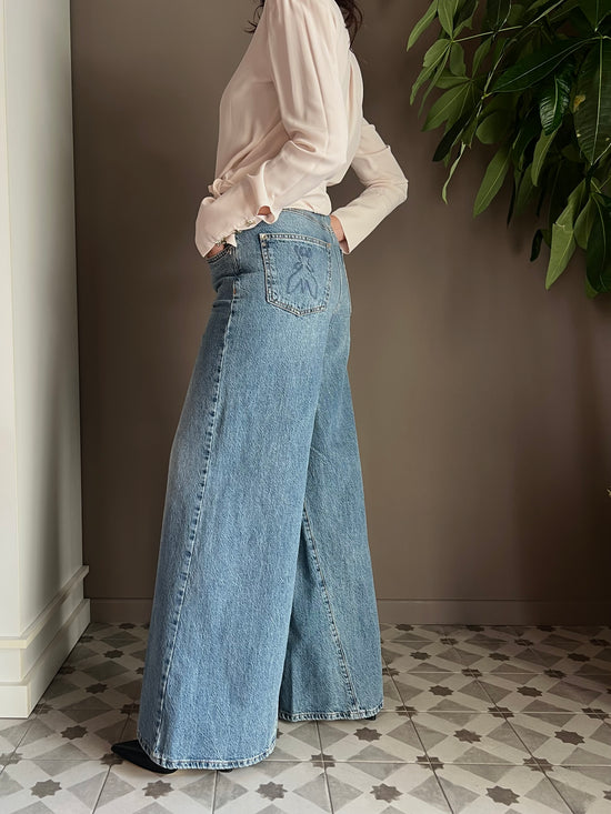 Pantalone denim vita alta gamba larga