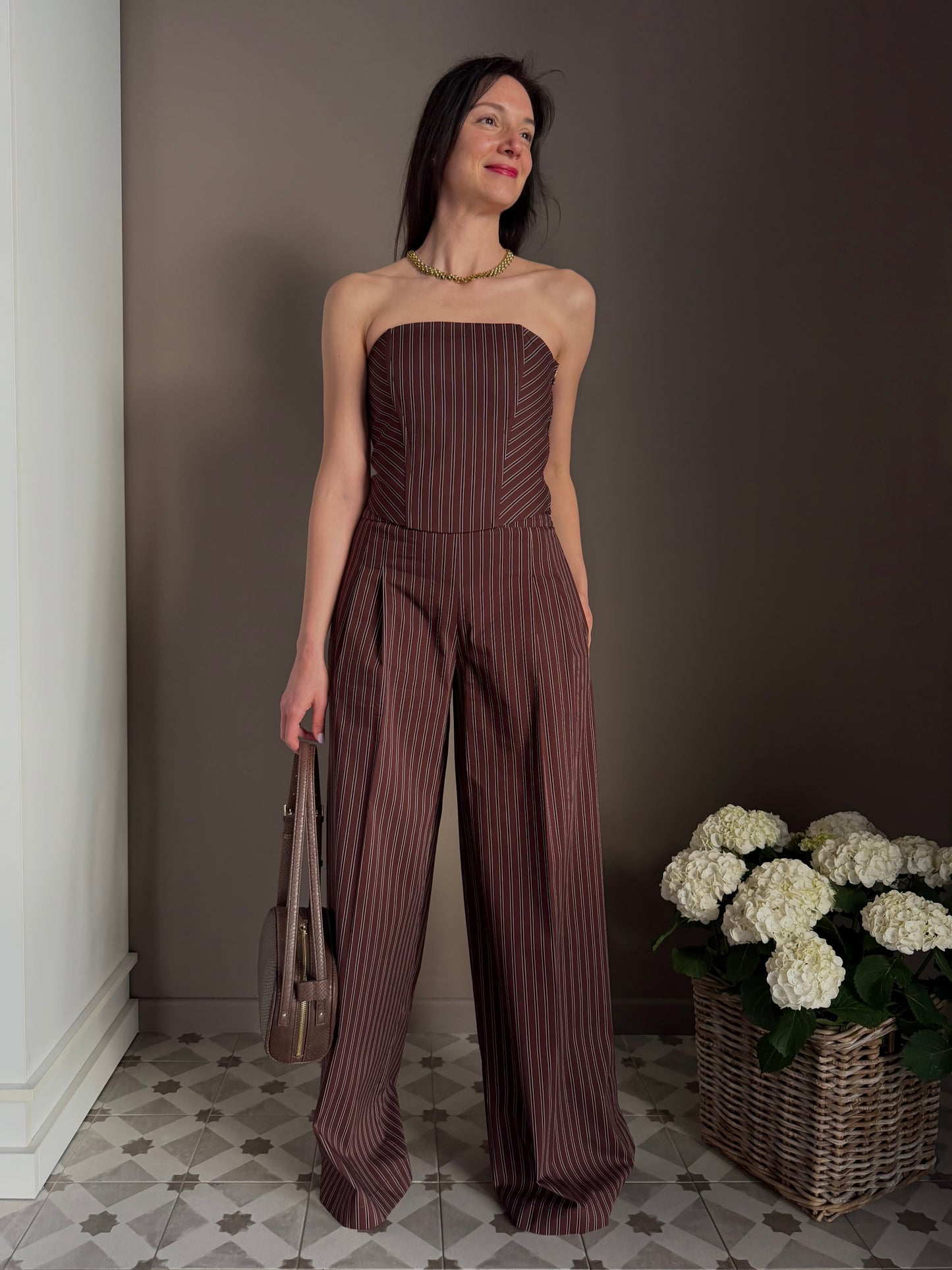 Pantalone gessato in cotone wide-leg
