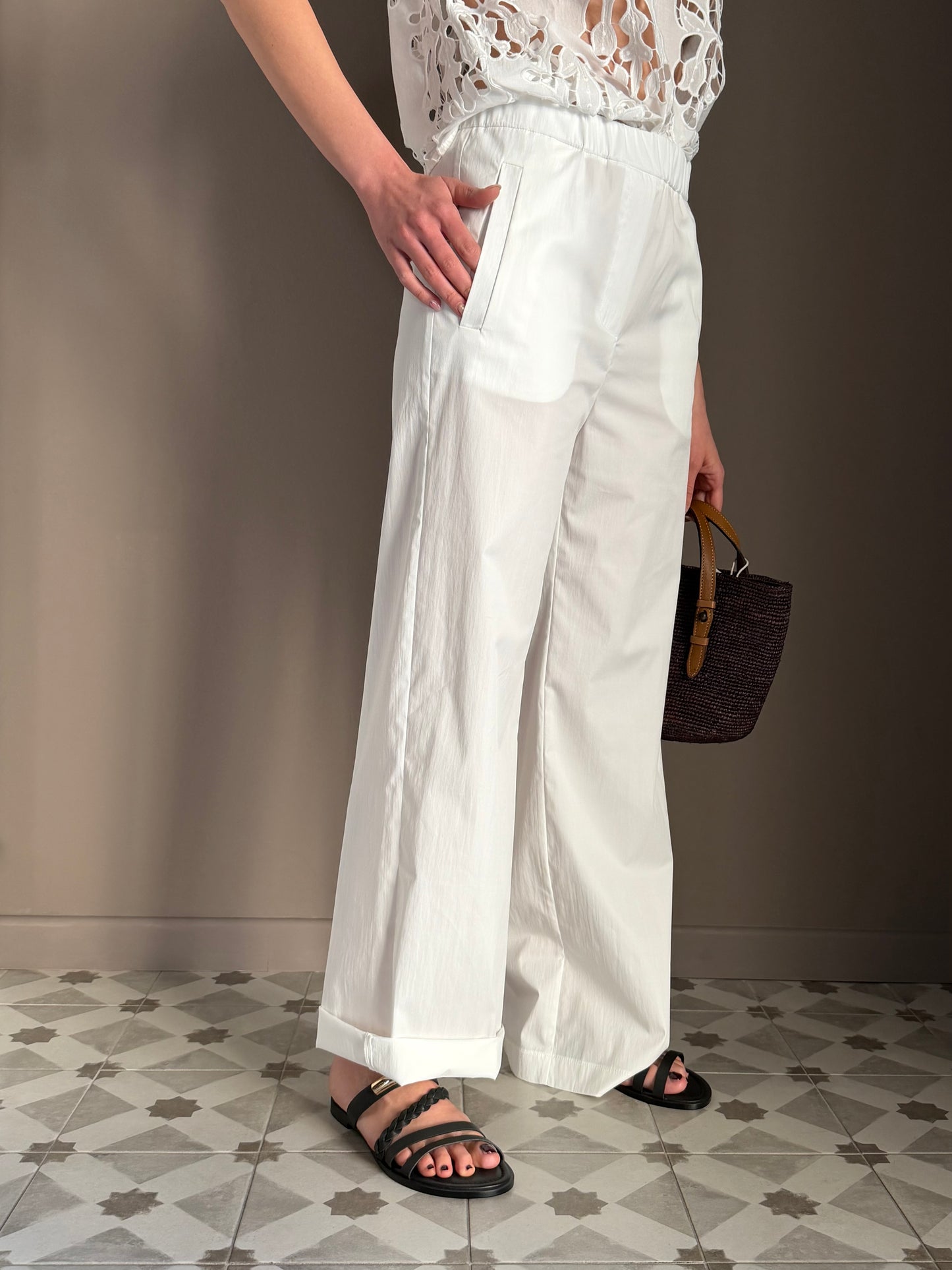 Pantalone in popeline con elastico Bianco
