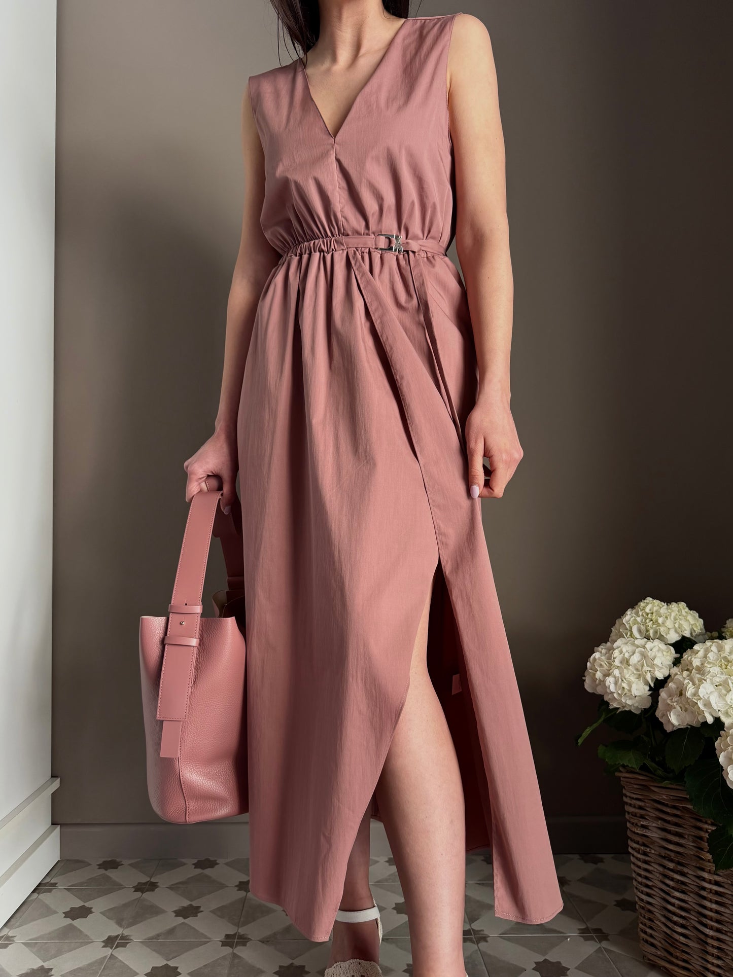Abito midi in popeline di cotone terracotta