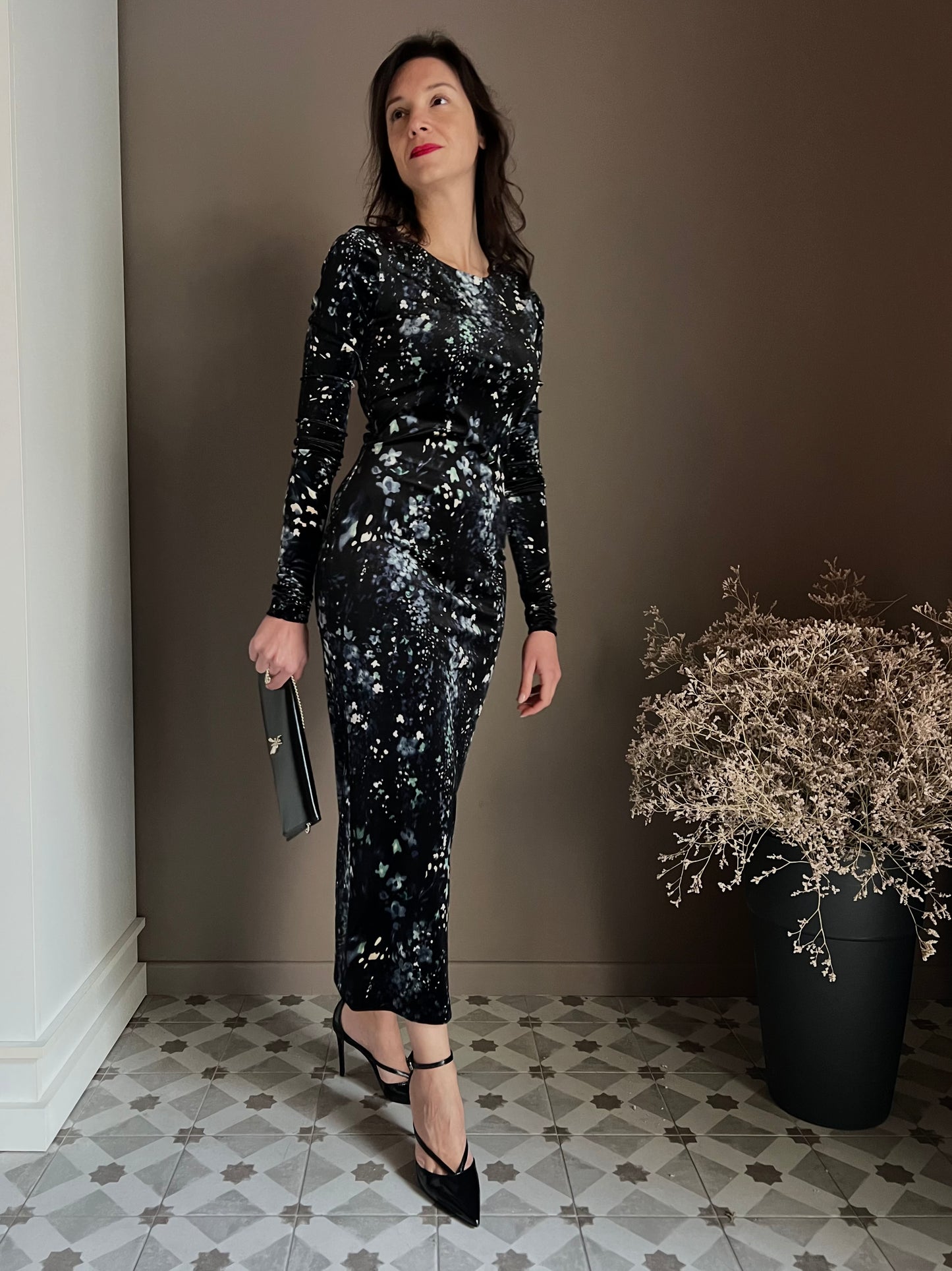 Abito lungo in micro fantasia in velluto