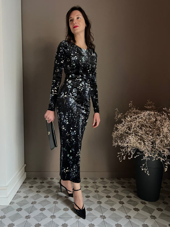 Abito lungo in micro fantasia in velluto