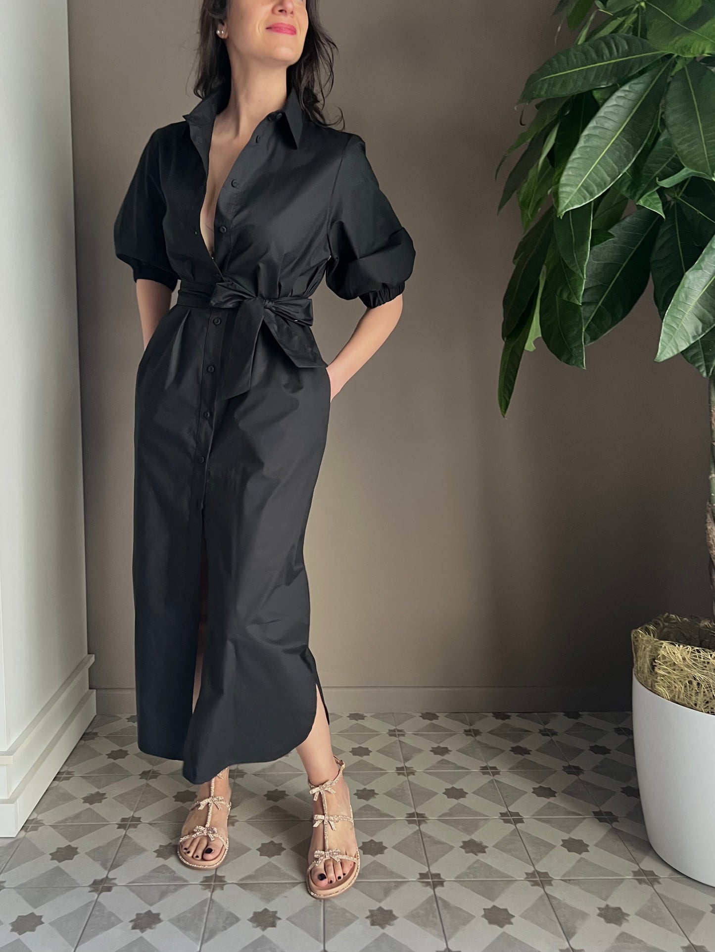Abito chemisier in cotone nero