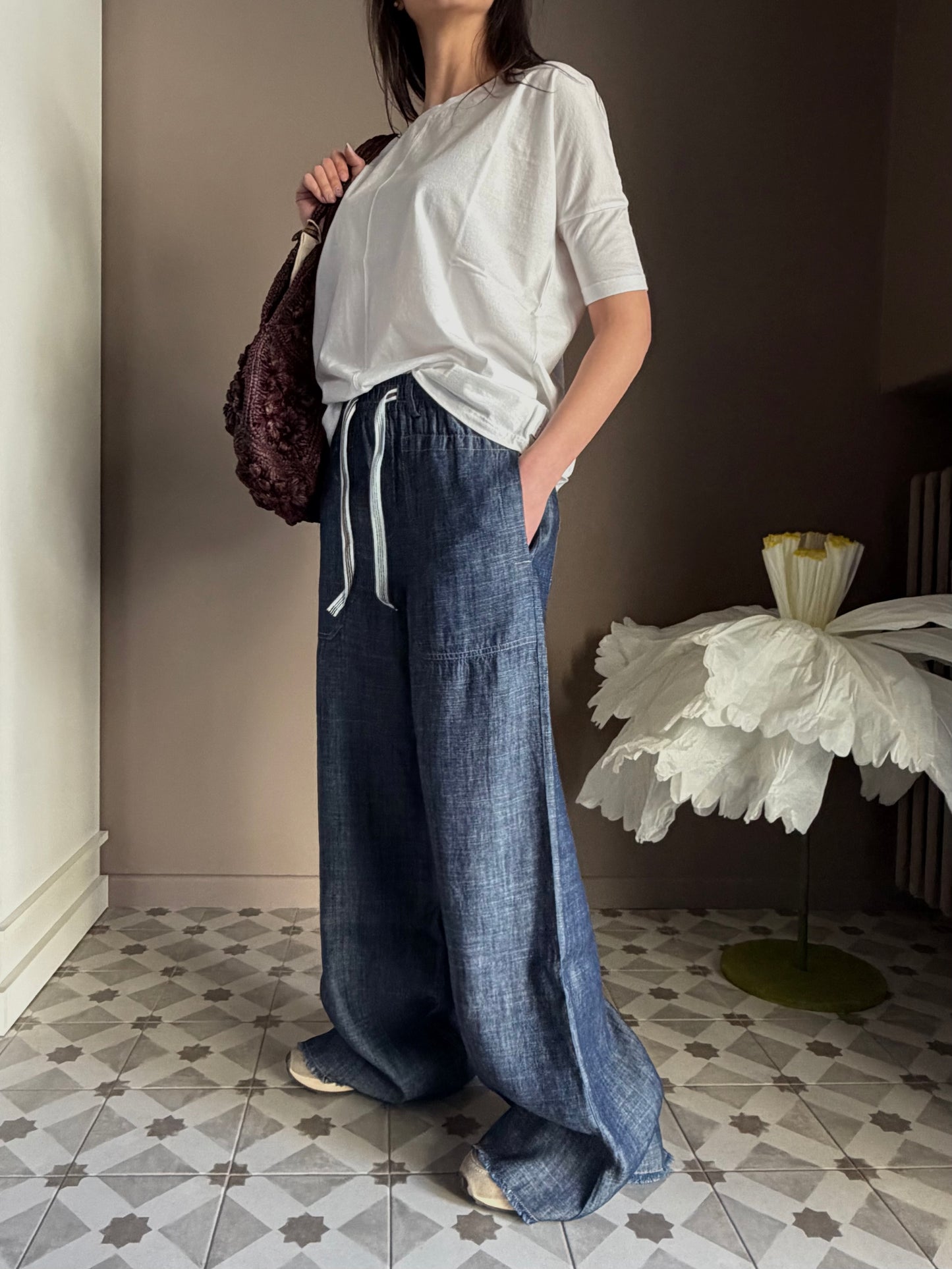 Pantalone chambray in cotone e Lyoncell