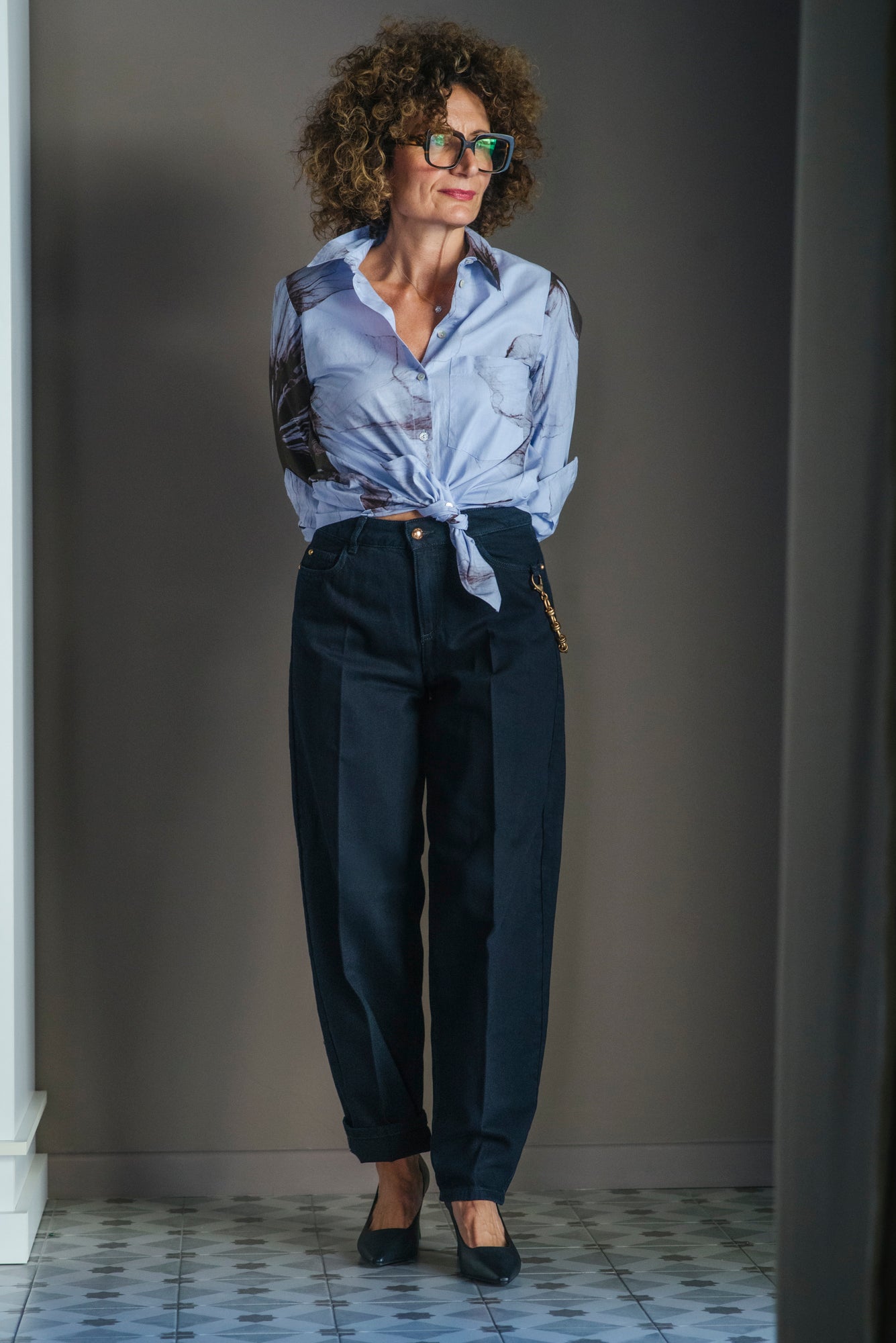 Pantaloni barrel blu/nero in cotone