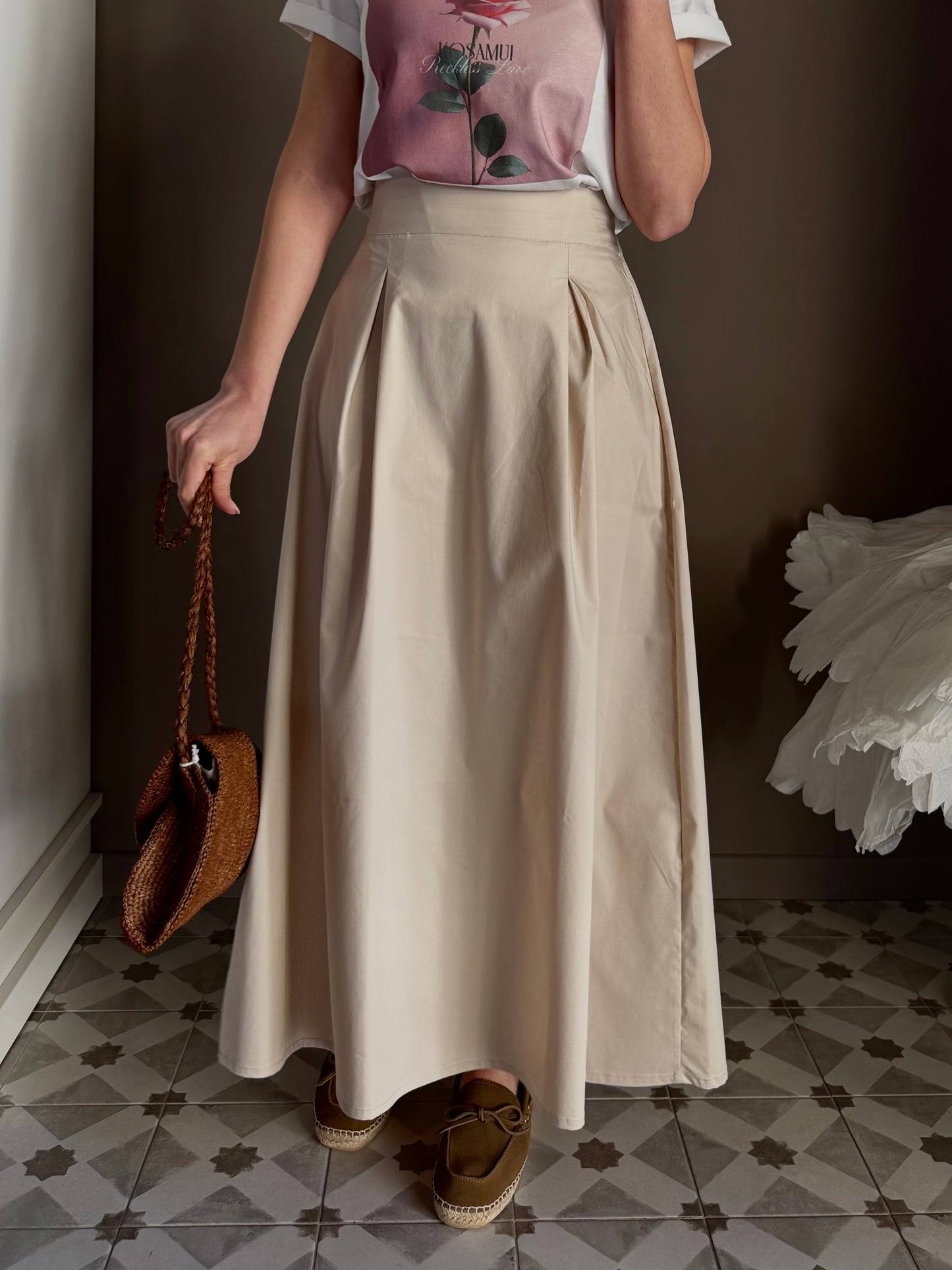 Gonna lunga in popeline di cotone beige