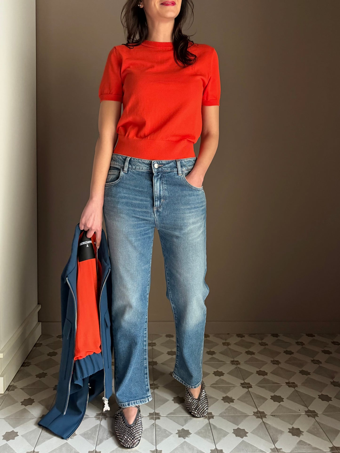 Pantalone denim straight vita bassa