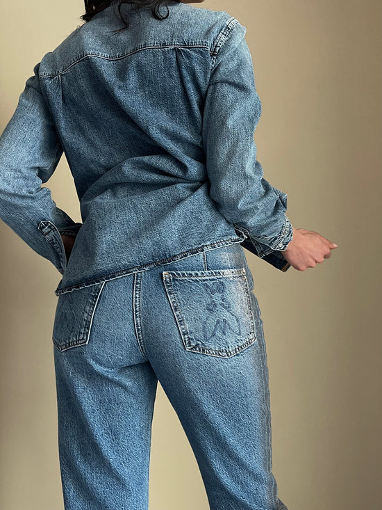 Pantalone denim slim con fascia argento
