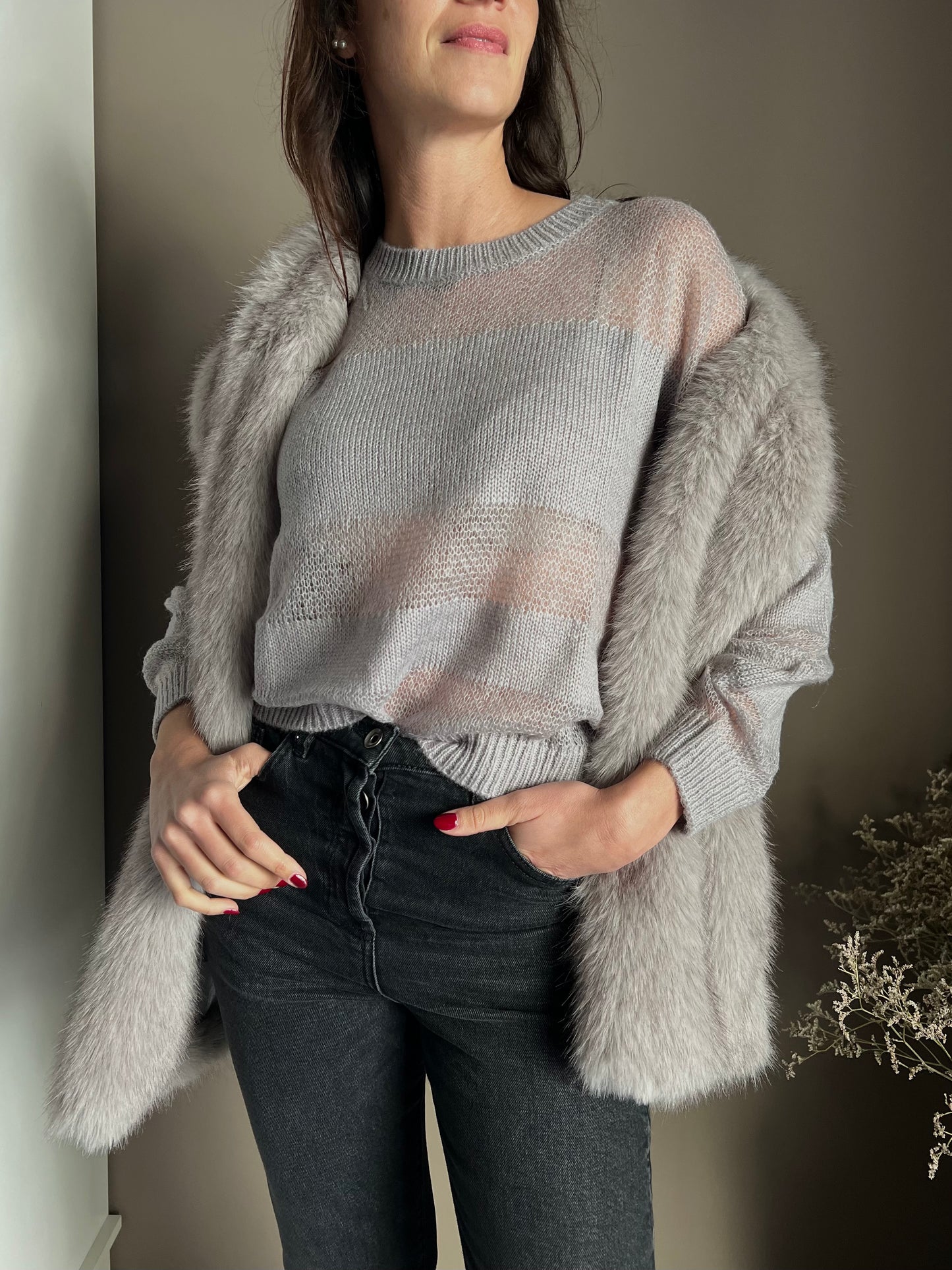 Maglia girocollo con dettagli in trasparenza Mistery Gray