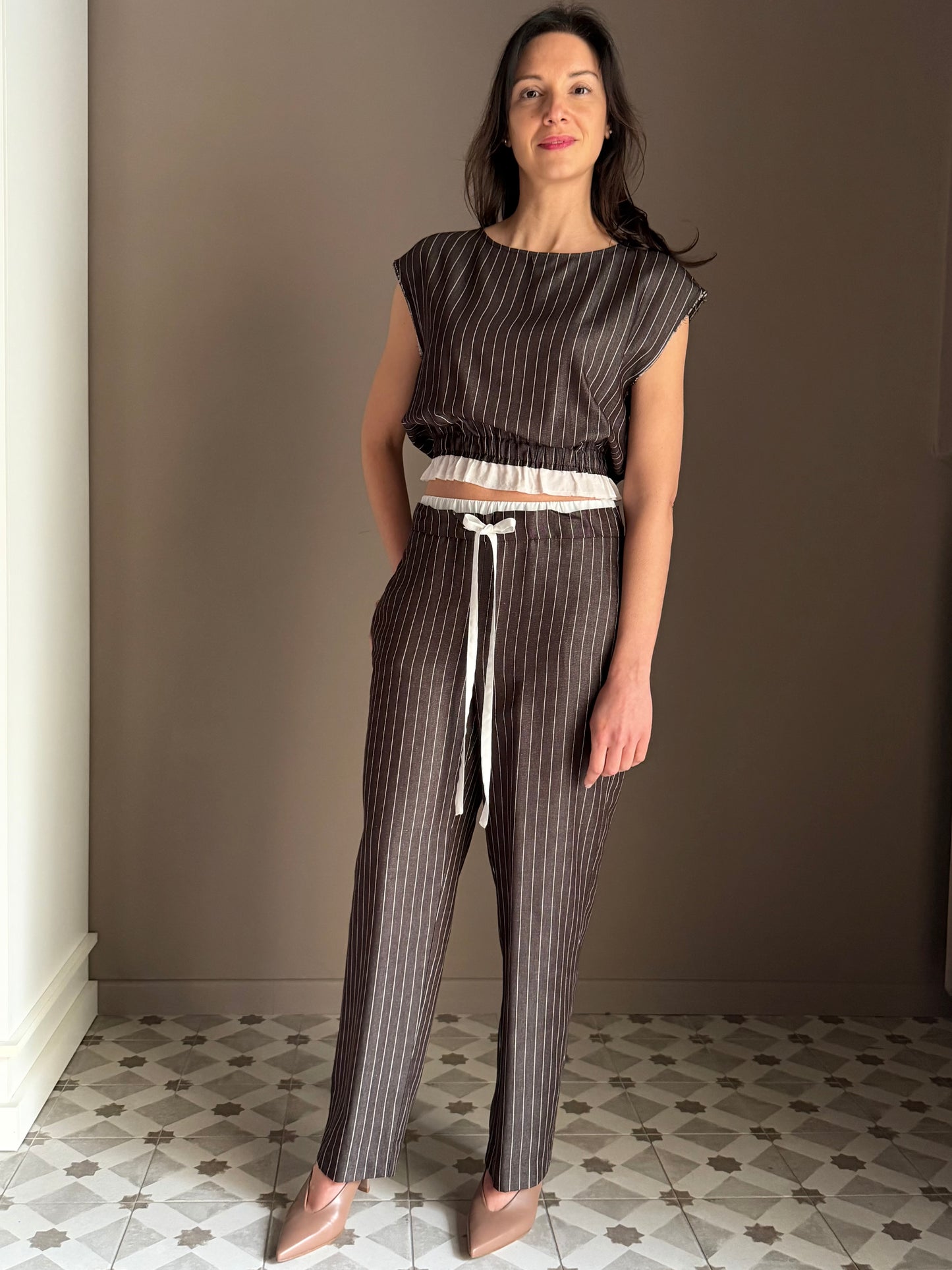 Pantalone gessato fondente