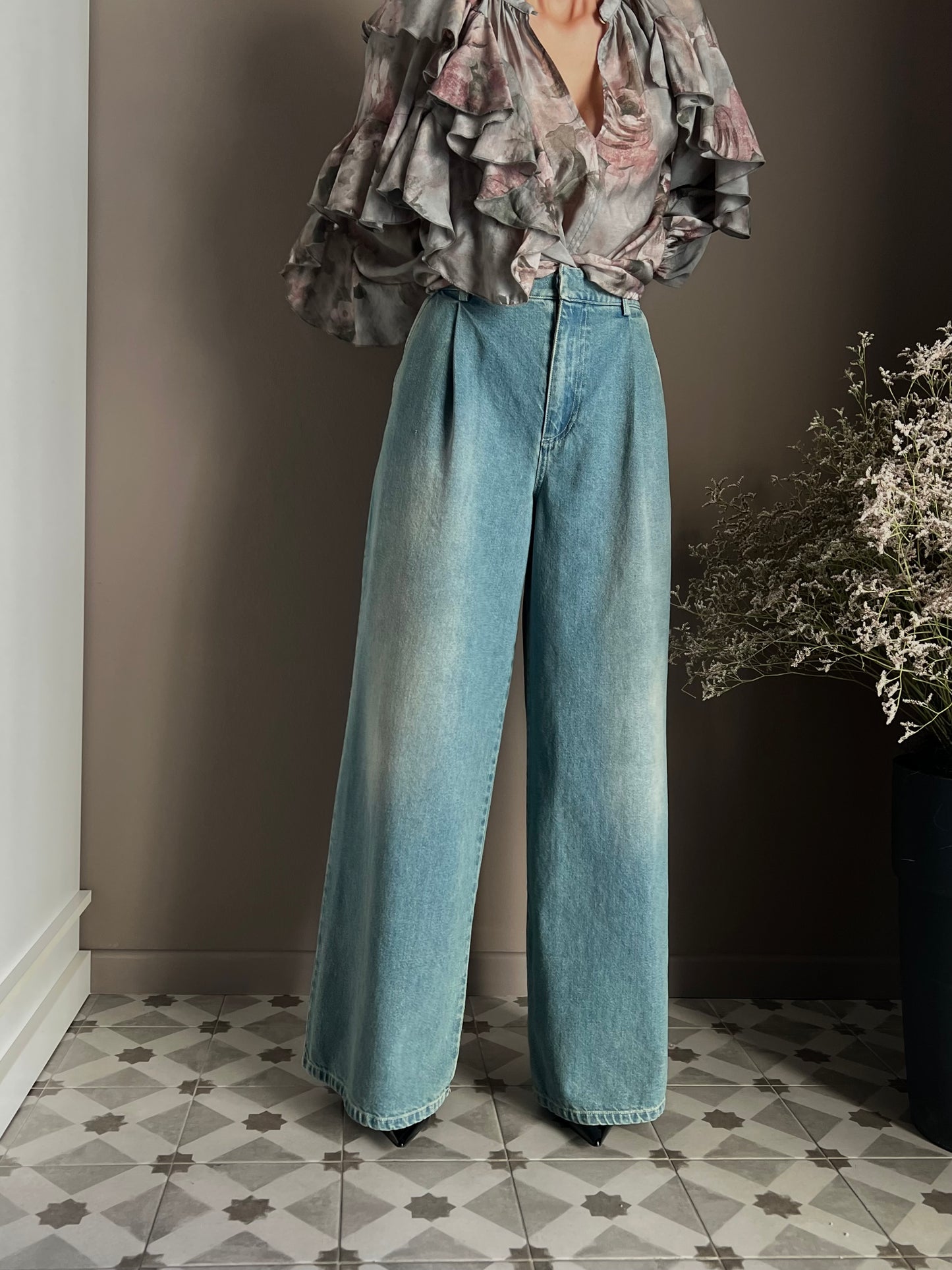 Pantalone denim Wide-Leg con pinces