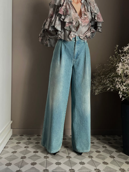 Pantalone denim Wide-Leg con pinces