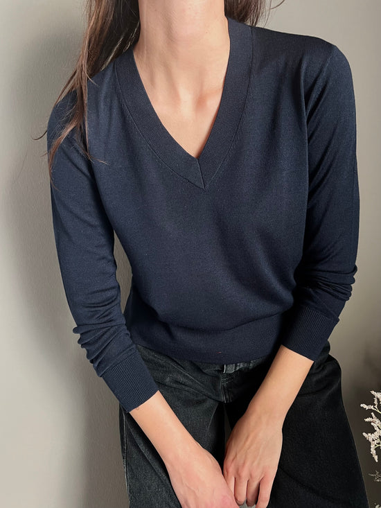 Maglia scollo a V in pura lana Blu