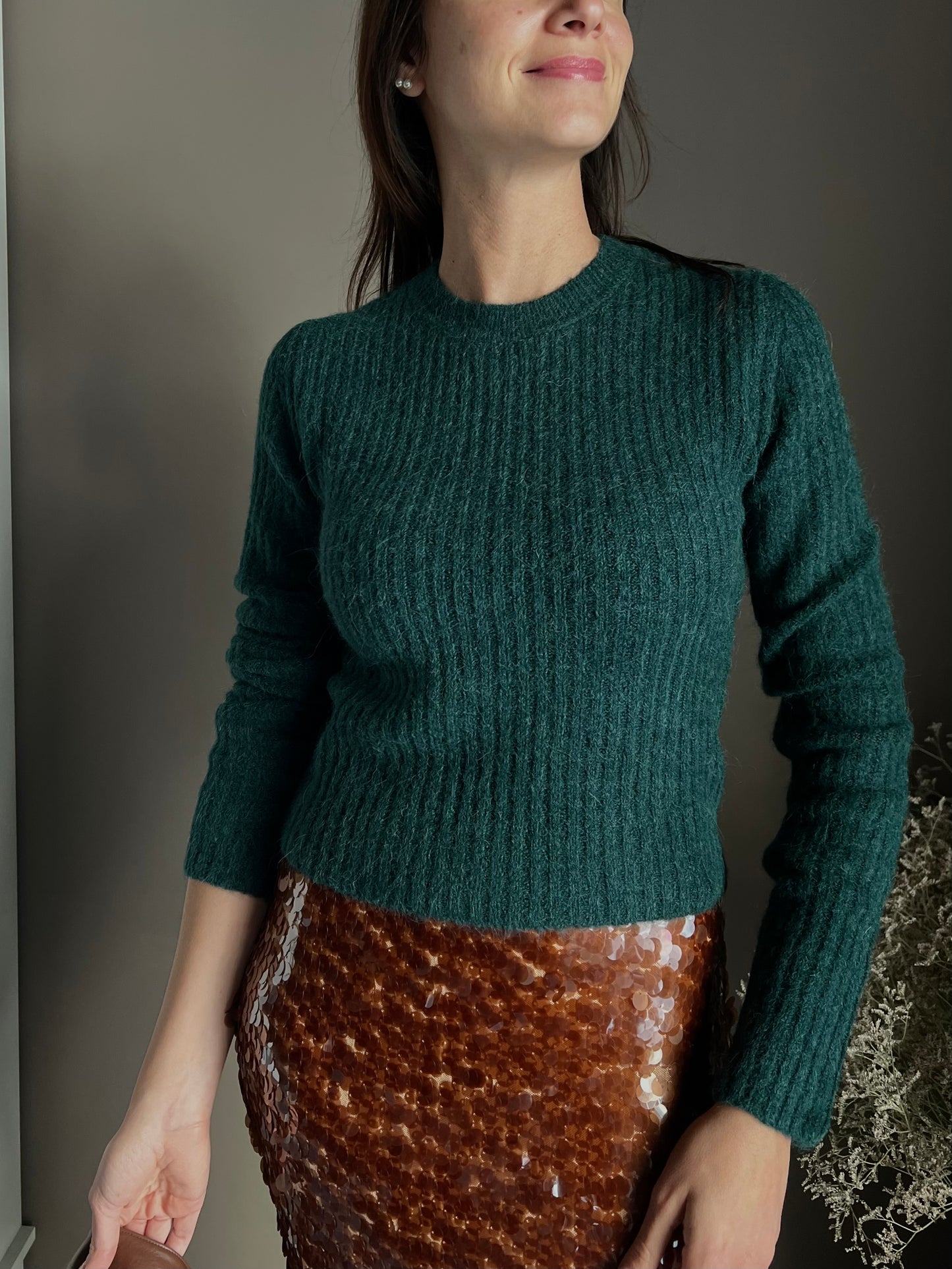 Maglia girocollo slim-fit in misto alpaca-Deep Green
