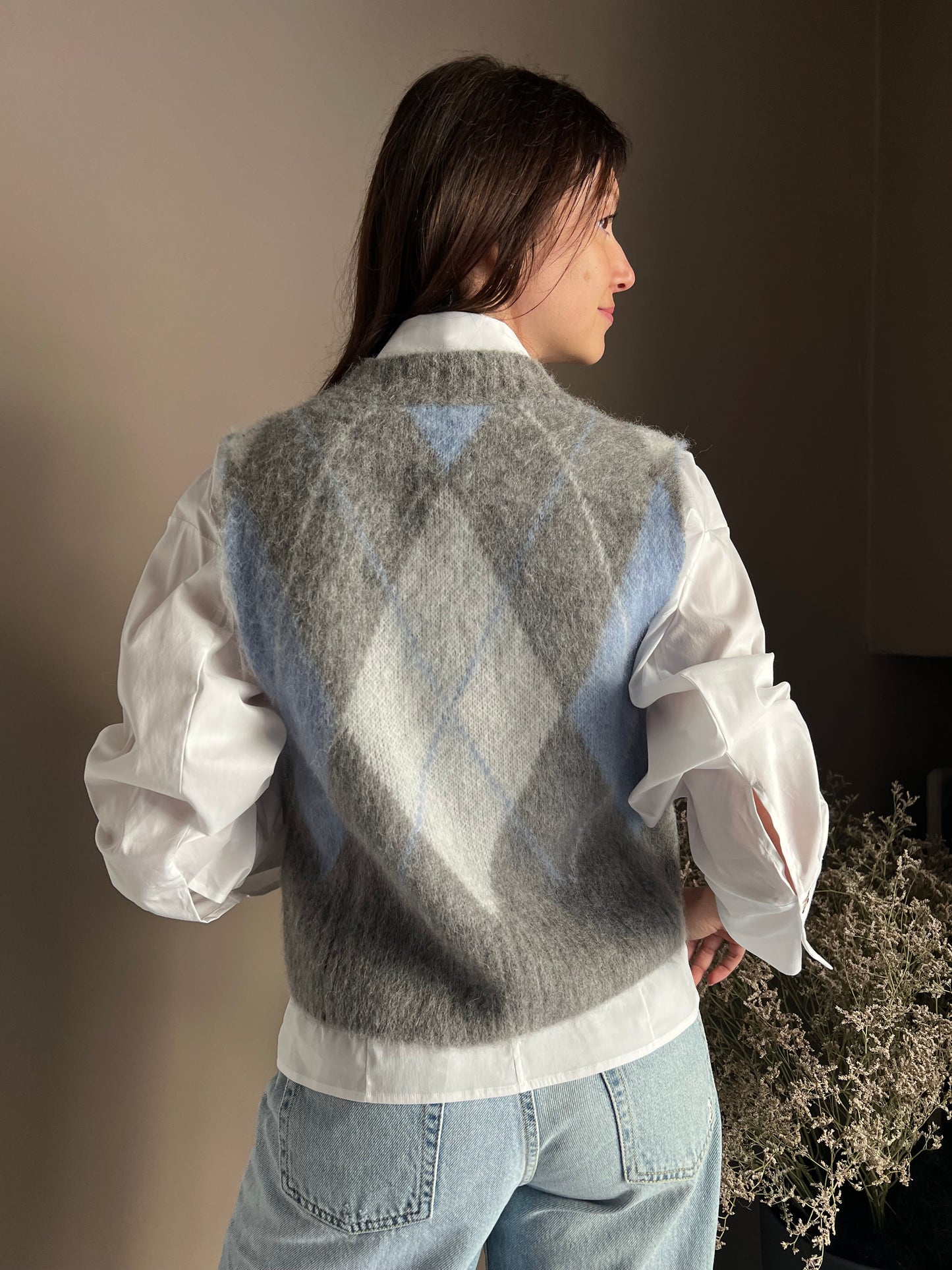 Gilet Oversize in Alpaca e Lana con Motivo Losanghe e Strass