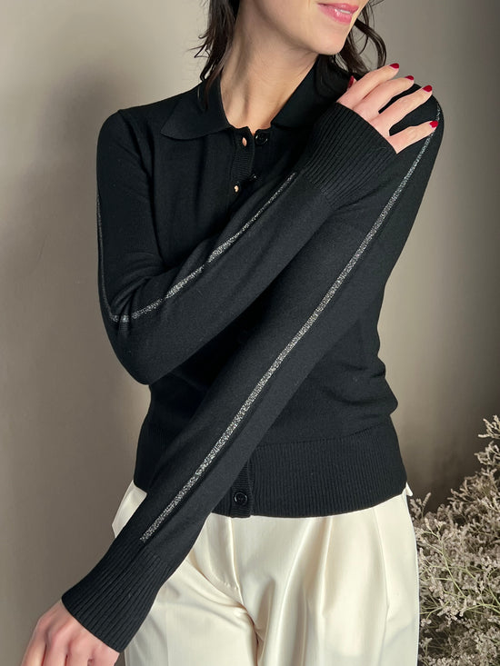 Cardigan in lana  nero con collo a polo