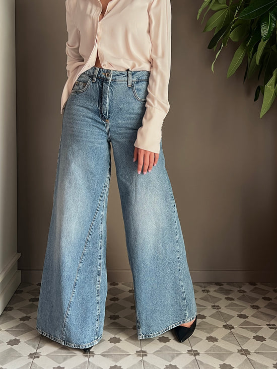 Pantalone denim vita alta gamba larga