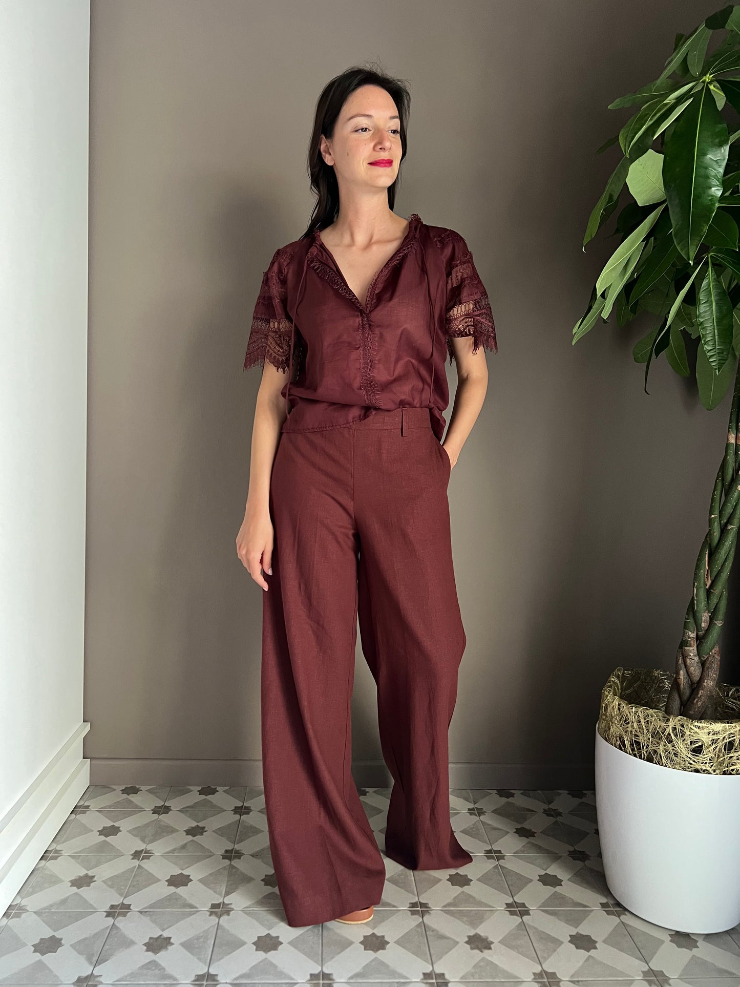 Pantalone in lino e viscosa henné
