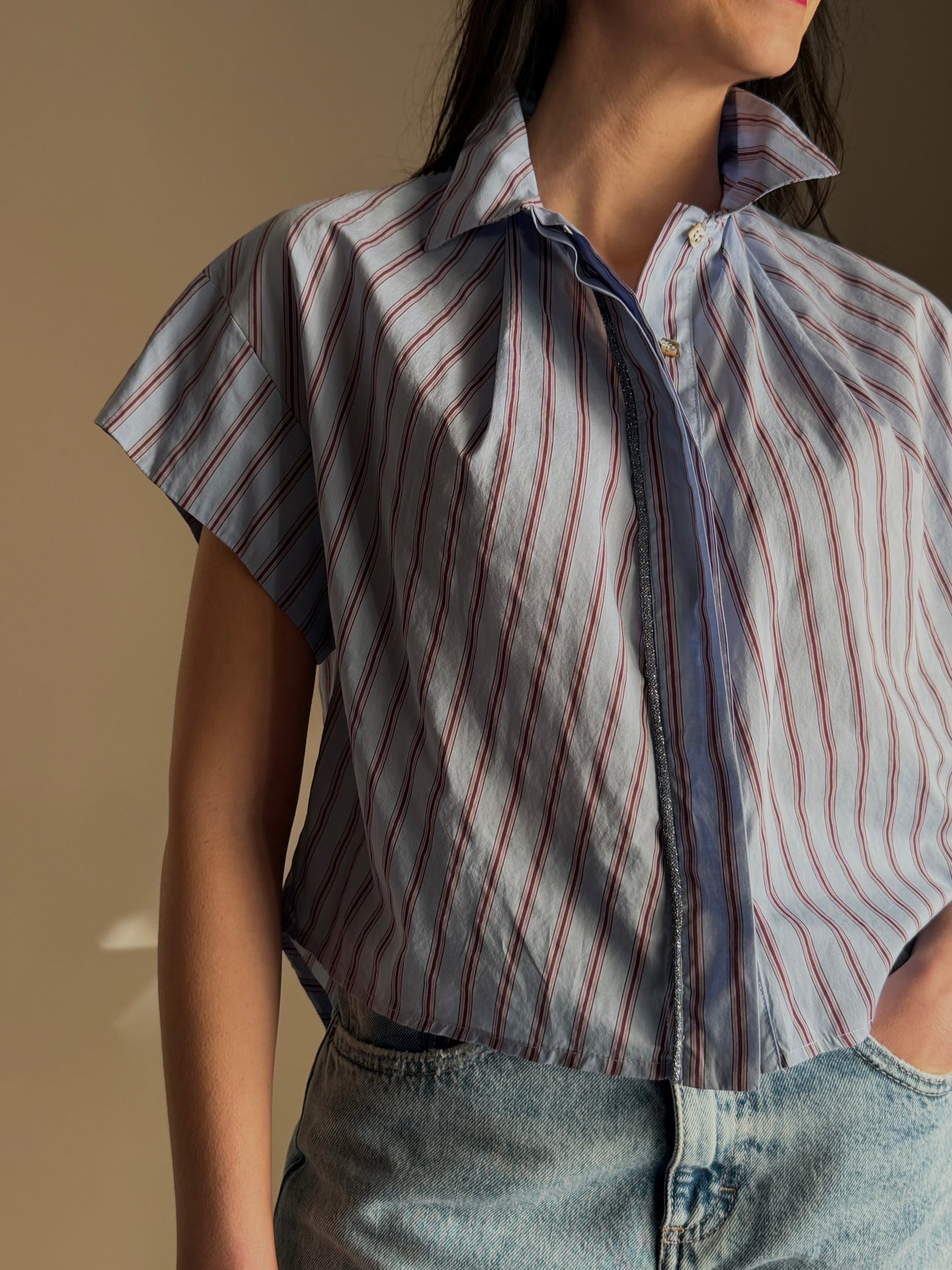 Camicia in Cotone a Righe con Dettaglio Lamé