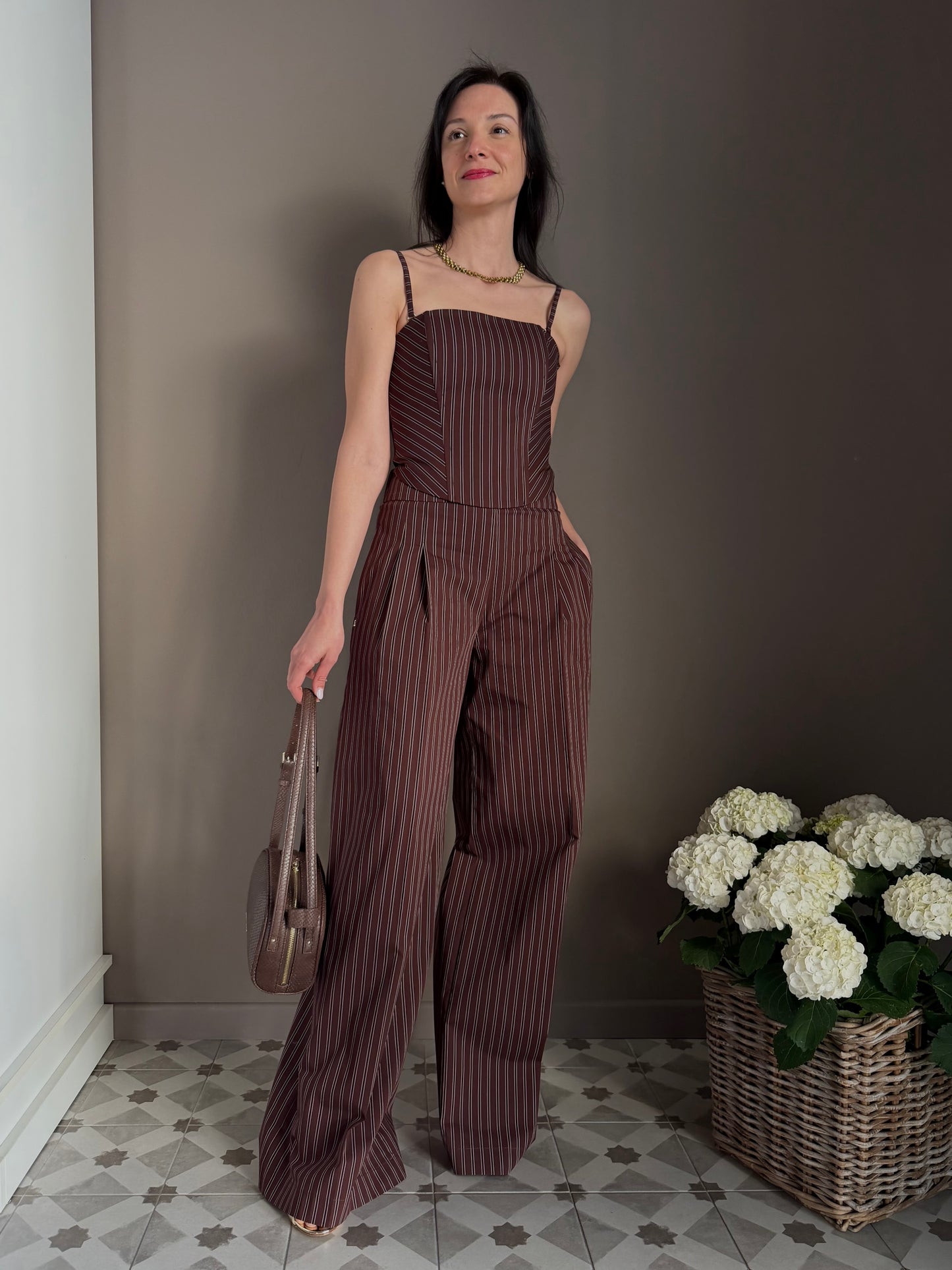 Pantalone gessato in cotone wide-leg