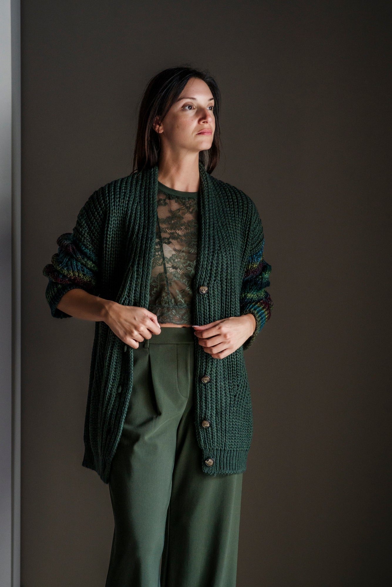 Cardigan oversize misto lana verde militare
