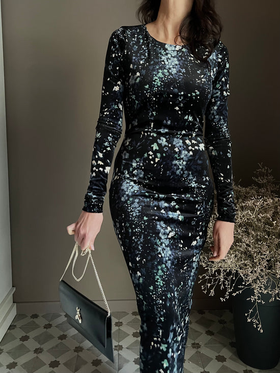 Abito lungo in micro fantasia in velluto