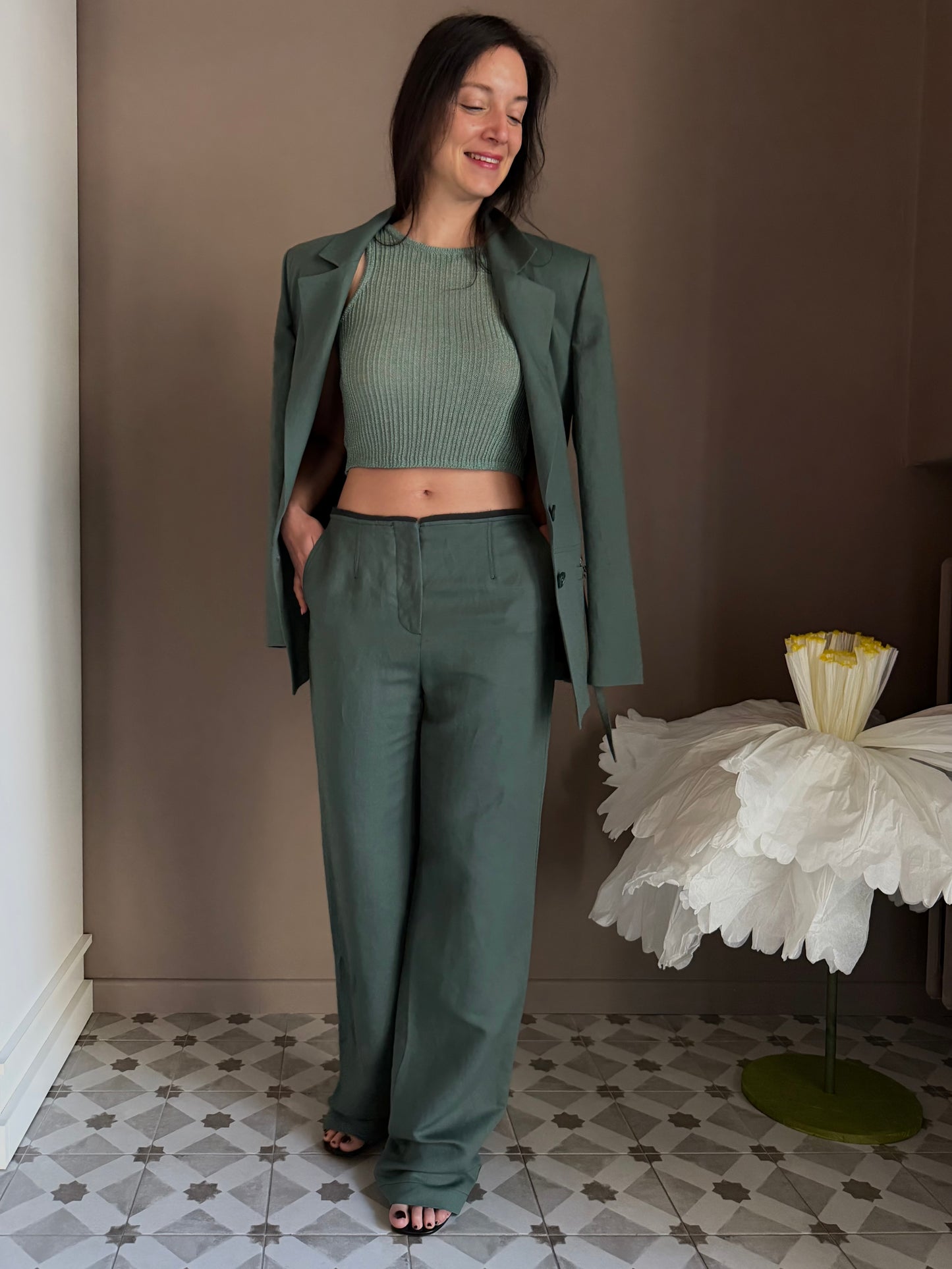 Pantalone Wide Leg in Lino e Viscosa – Verde Salvia