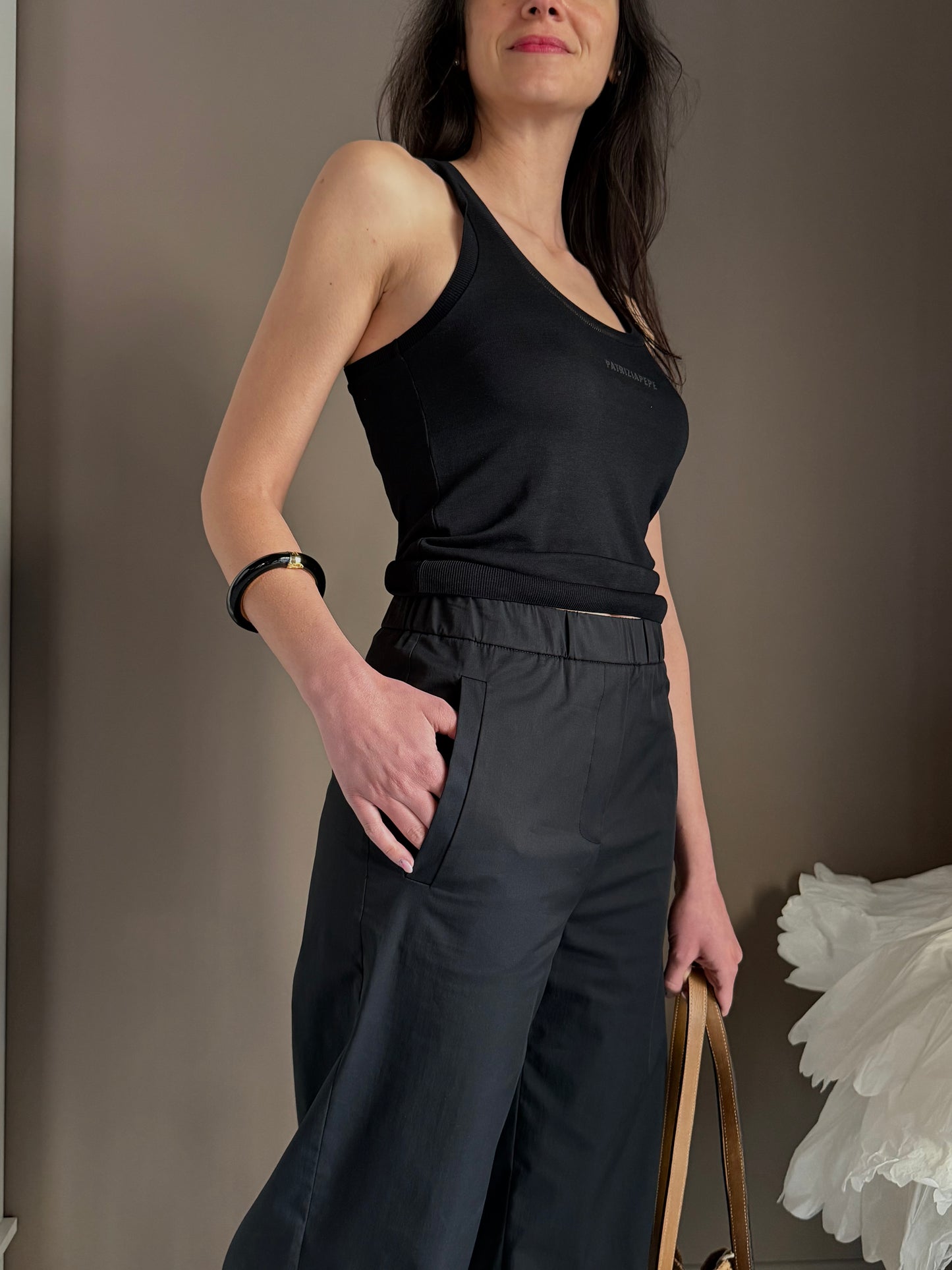 Pantalone in popeline con elastico Nero