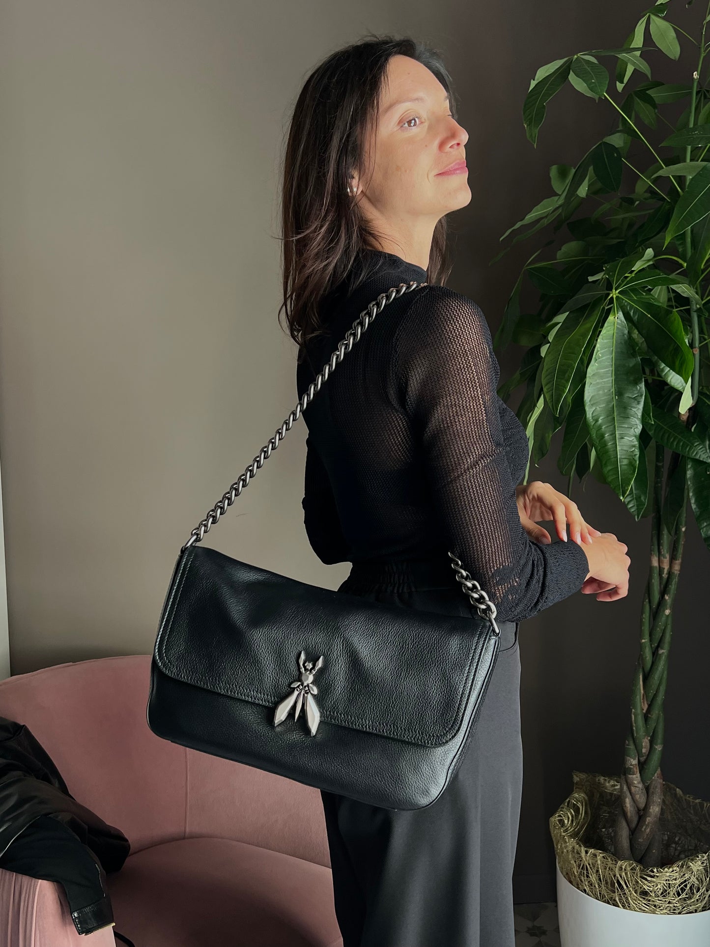 Borsa a spalla Fly media in pelle con catena