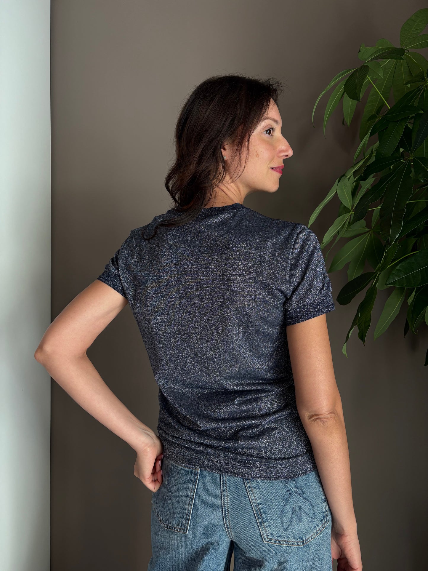 Maglia in viscosa e lurex blue denim